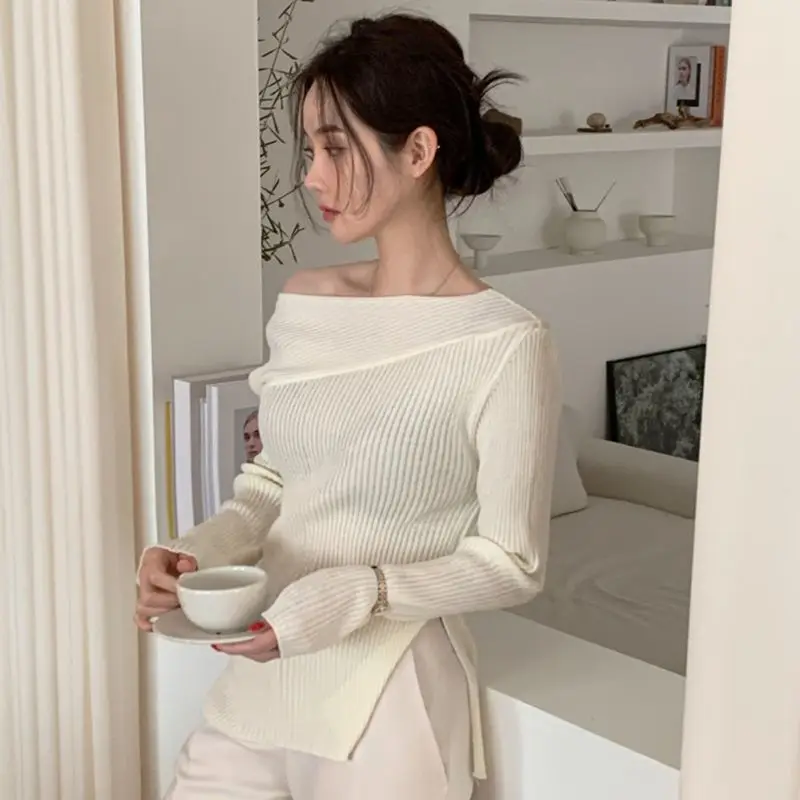 Split Long Sleeved Irregular Off Shoulder Knitted Sweater Pullover Sueter Mujer One Tops Pull Femme Black Shirts Autumn Slim