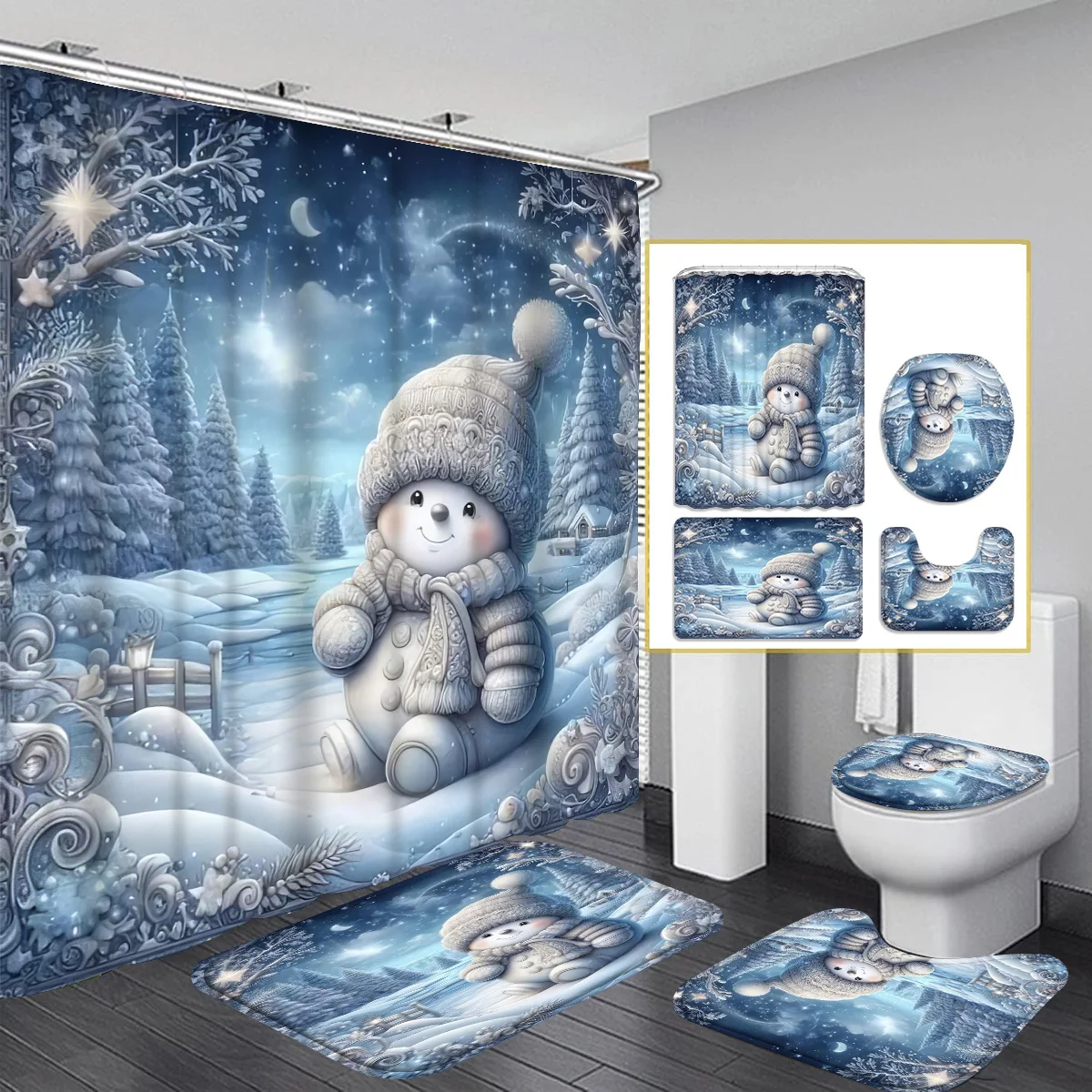 4Pcs Xmas Snowman Cartoon Bath Set,Waterproof Curtain,12 Hooks,Non-Slip Mat,Toilet & U-Shaped Cover, Modern Bathroom Accessories