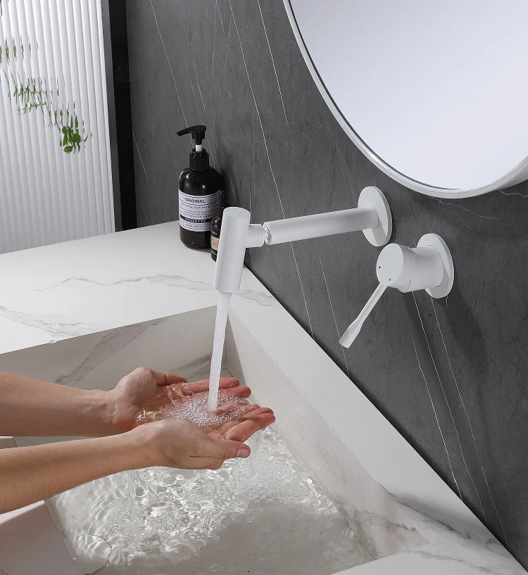 

Настенный смеситель для раковины в ванной комнате с двойным отверстием, смеситель для горячей и холодной воды 360° ° Вращающийся смеситель для раковины в ванной комнате, белый