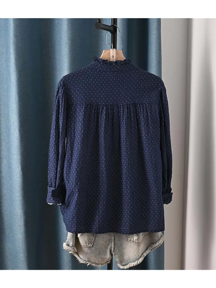 Lamtrip Vntage Polka Dots Pattern Ruffled Collar Kawaii Double Layers Cotton Yarn Long Sleeve Shirt Blouse Mori