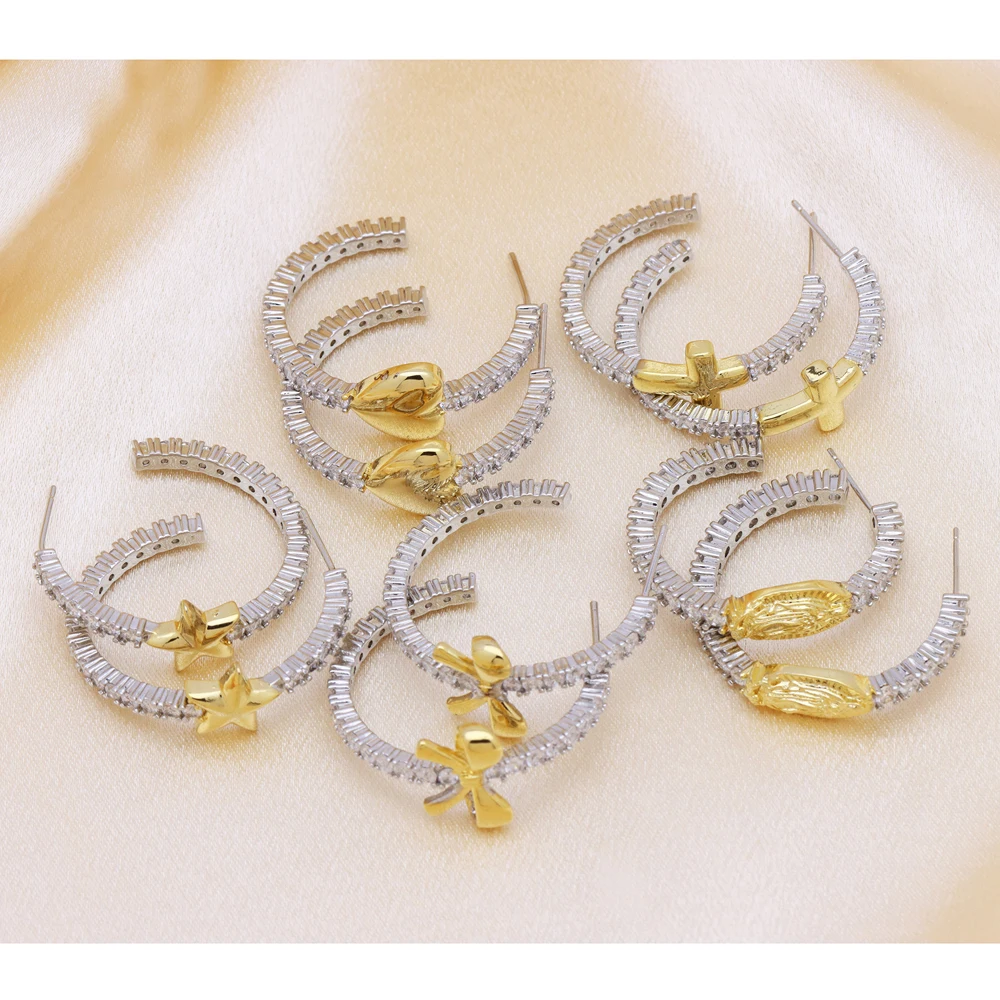 5 pairs/Lot Gold Plated Brass CZ Paved Hoop Earrings Cross Heart Star Virgin Mary Bow Dangle Hoops Women Religious Jewelry