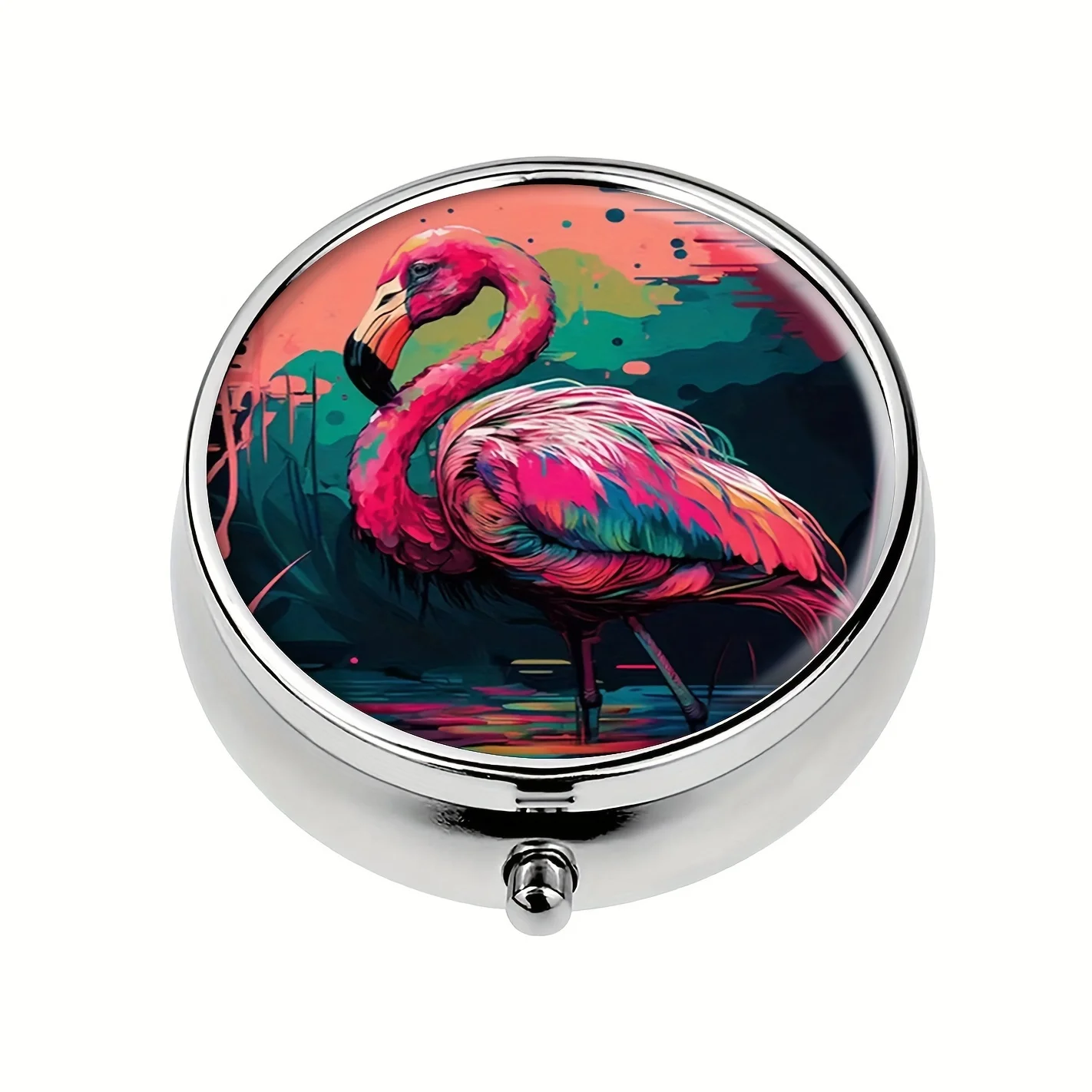 Flamingo Round Pill Box,3 Compartments Pocket Wallet Pill Box,Portable Travel Tablets Vitamin Holder Organizer Pill Box