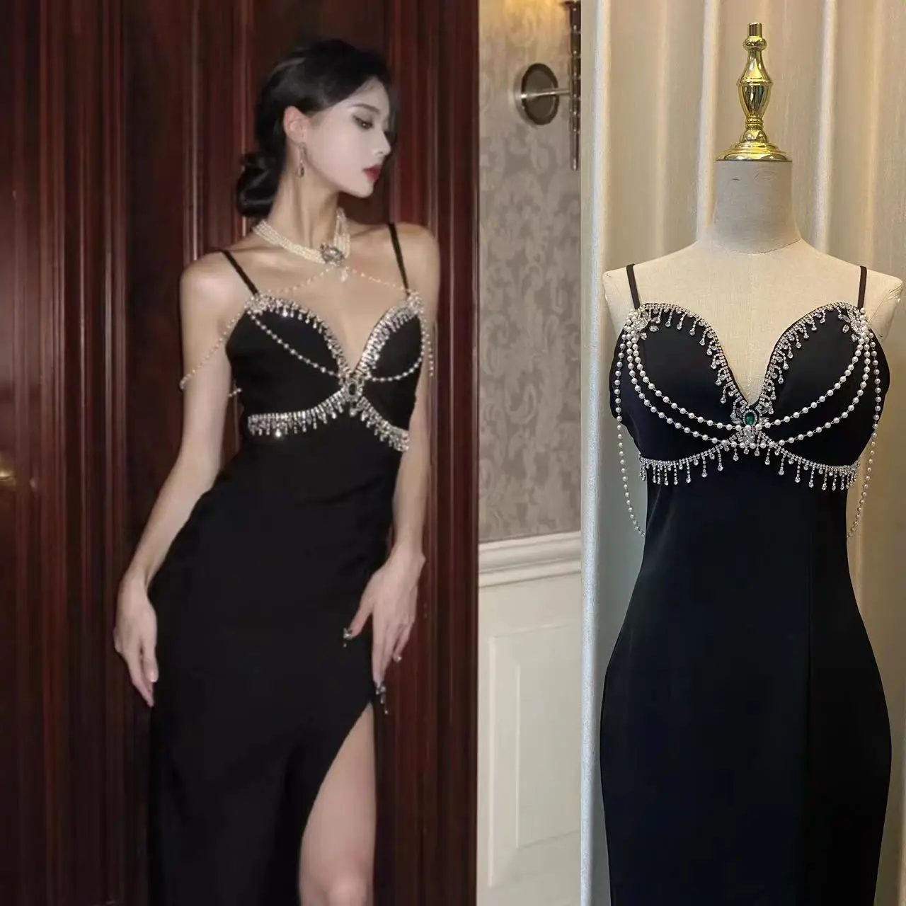 Luxury Temperament Banquet Evening Party Dress for Women Sexy Strapless Blackless Slim Flash Rhinestone Slim Bodycon Dress