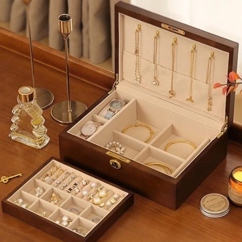 

Solid Wood Jewelry Storage Box Portable with Lock Jewellery Boxes Earrings Necklace Ring Jewelry Case Retro Jewellery Cases