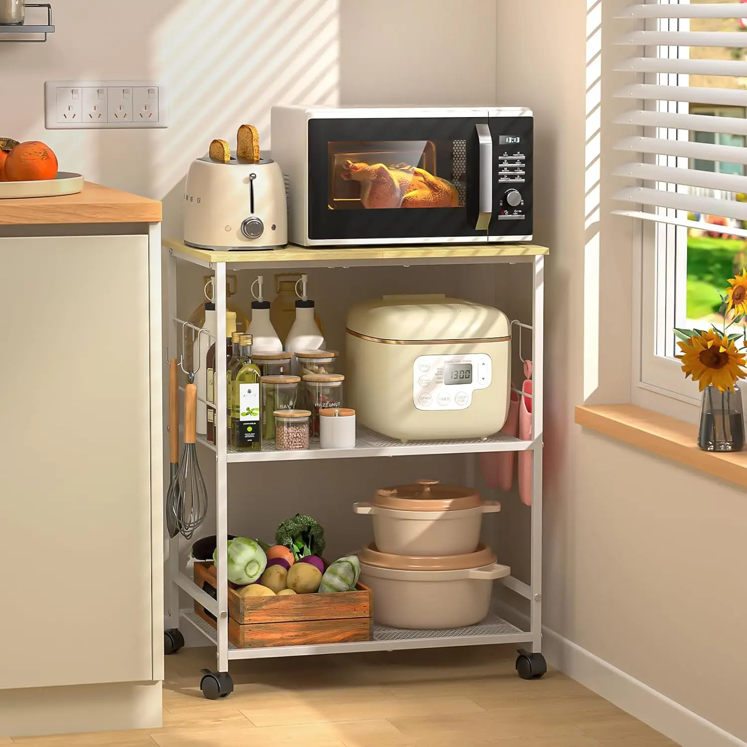 

3-Tier Rolling Microwave Cart with Lockable Wheels and Storage for Kitchen, Office, or Living Room