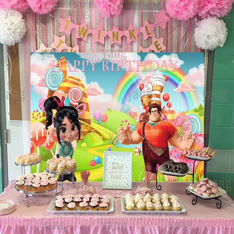 Sweet Candy House Outdoor Backdrop Disney Custom Colorful Props Wall Background Having Power Boy Wreck-It Ralph Birthday Party