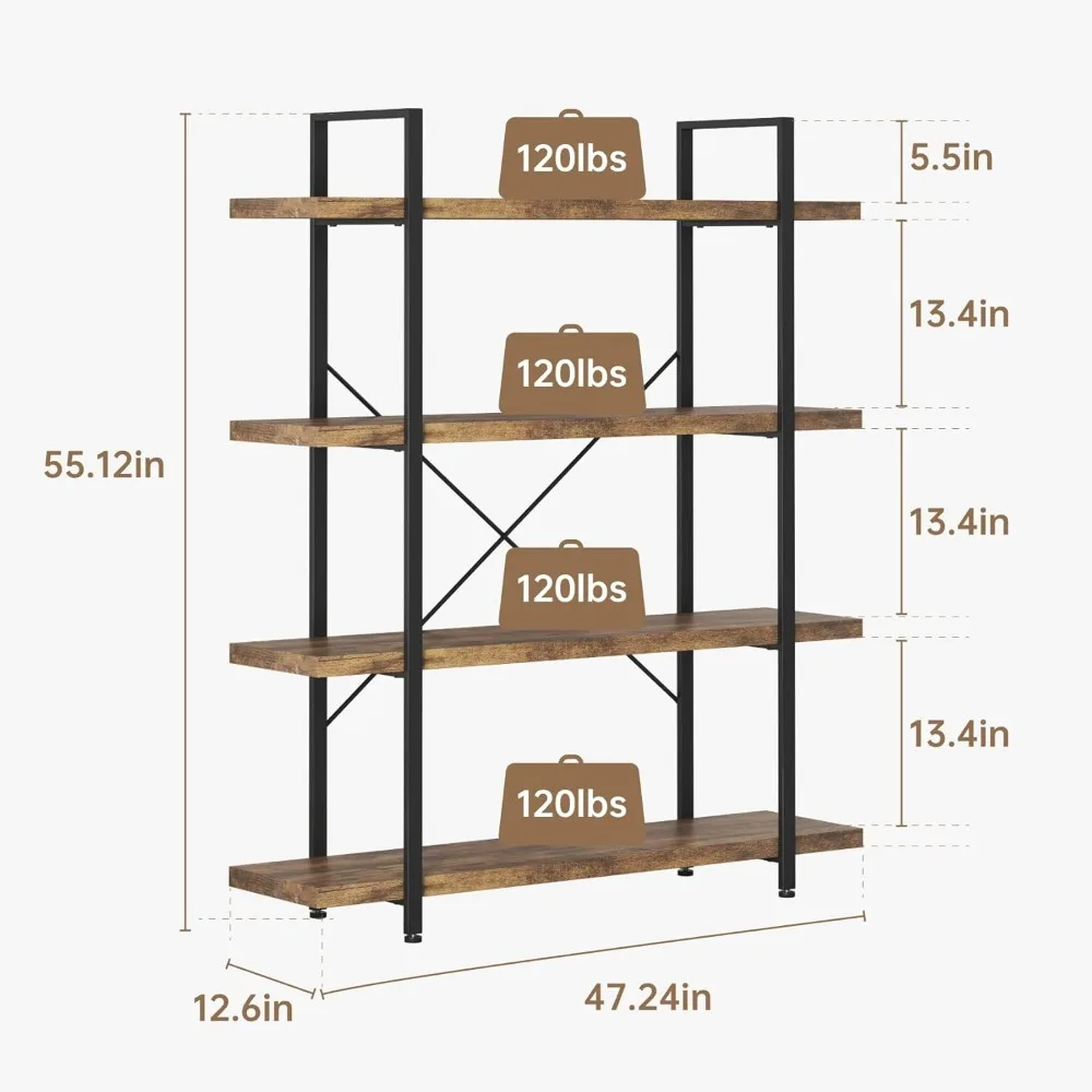 Boekenplank Set, 4 Tier Plank, Industriële Boekenkast Voor Thuis En Op Kantoor, 2 Stuks 47 "Lengte Houten Staande Boekenplank Display, Boekenkasten