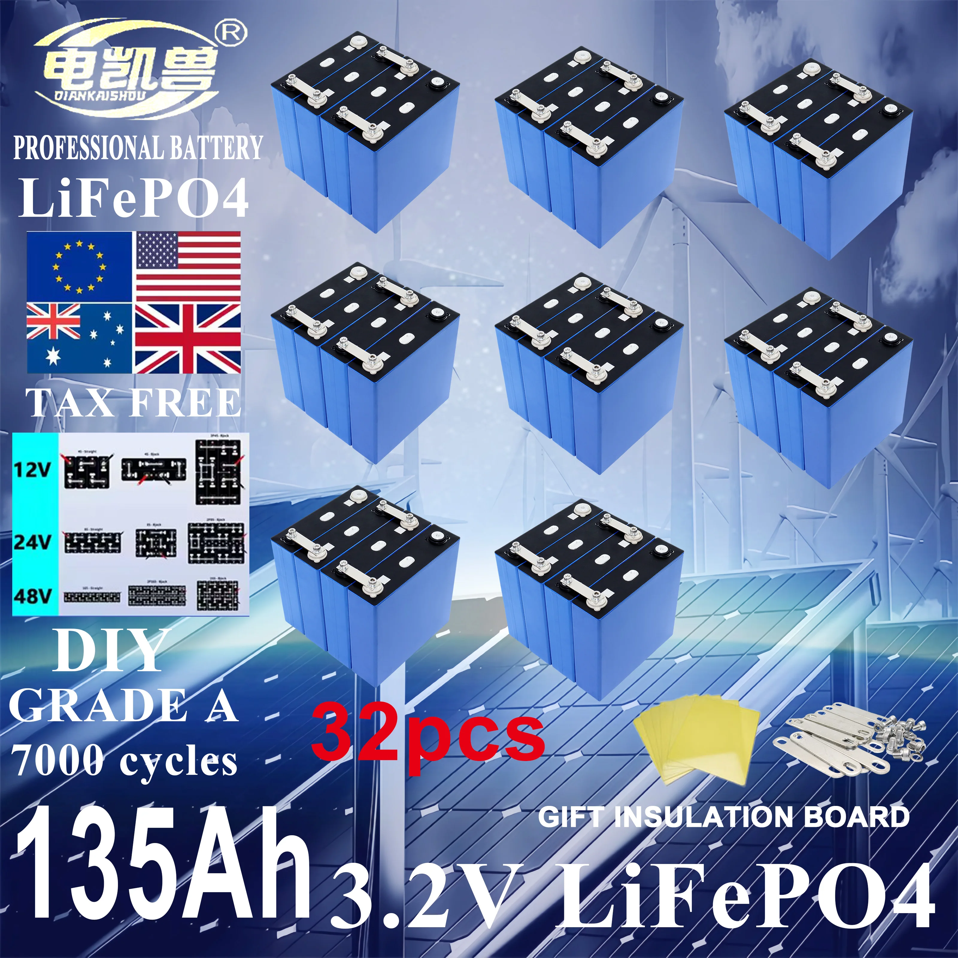 

New 32pcs Grade A 135ah 3.2V Lifepo4 Rechargeable Battery 7000 Cycles DIY 12V 24V 48V RV, yacht, golf cart solar energy battery