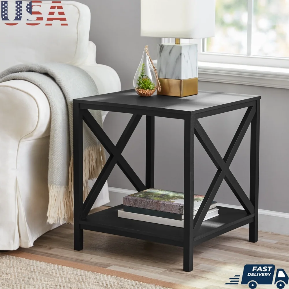 

Rustic Farmhouse Style Square Side Table with Storage Shelf Living Room Office Furniture