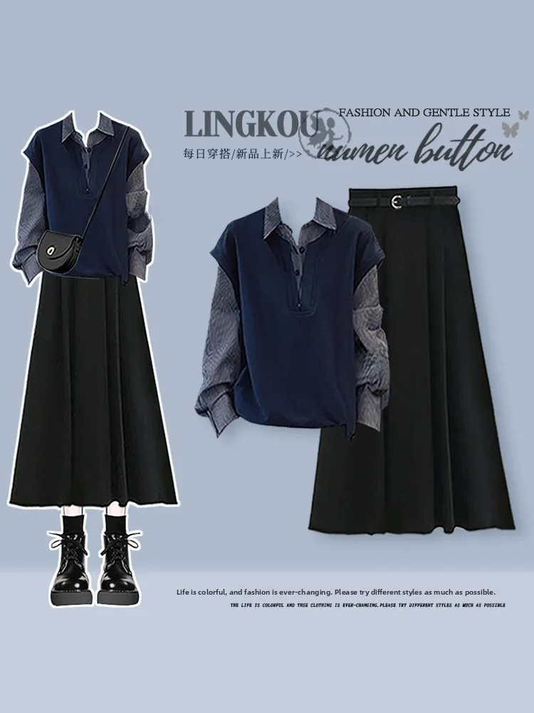 

Комплект Ele Plus Size для женщин: весенне-осенний корейский комплект из двух частей с эффектом пэчворк, имитация двух предметов, с юбкой с высокой талией для коррекции фигуры