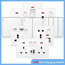 White UK Standard 13A USB Wall Socket Panel,Universal 18W Type-c Quick Charge Socket Plug,Wall Light Switch Electrical outlet