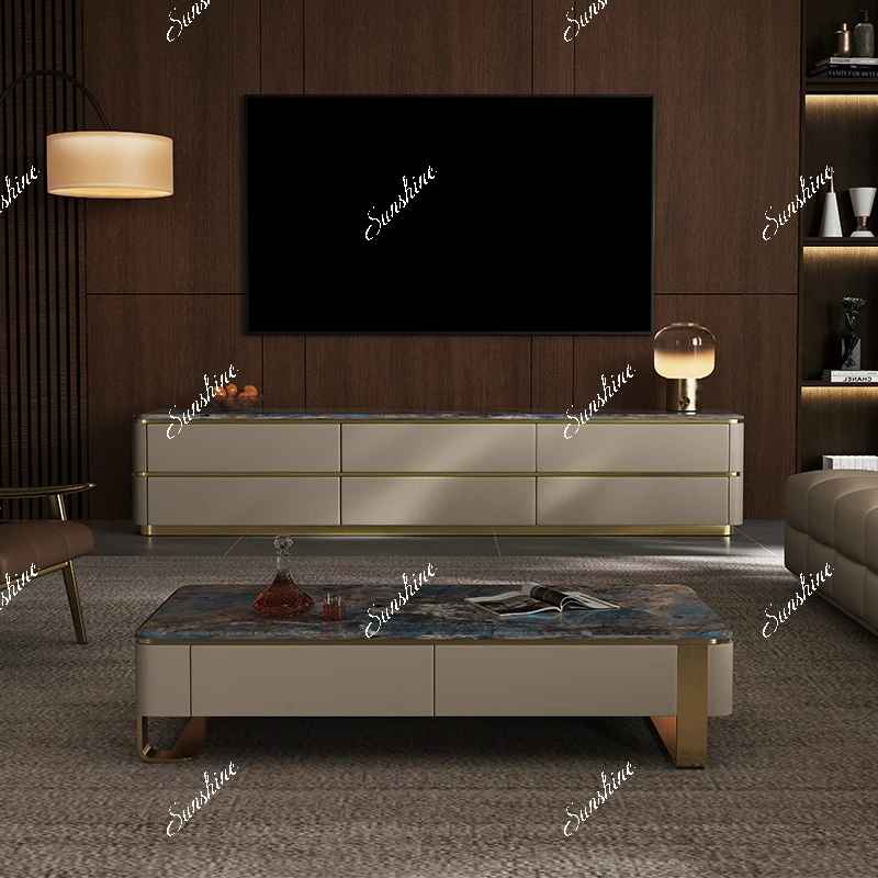 Italian light luxury marble TV cabinet leather veneer living room villa storage storage, high-end design