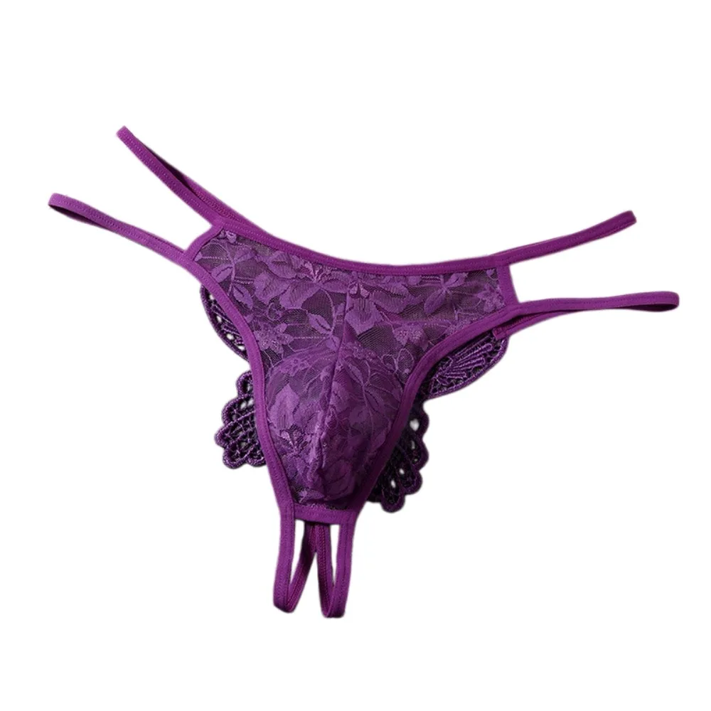 Embroidery Butterfly Men Lace Hollow Thongs Underpants Low Waist Men's Sheer Lace Panties T-back Bulge Pouch Male Briefs