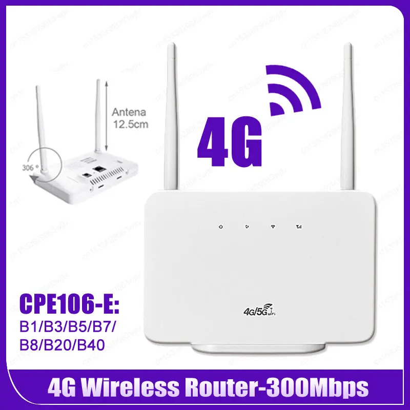 4G LTE CPE Router Modem 300Mbps 4G Router Wireless Modem External Antenna with Sim Card Slot EU Plug for Home Travel Work