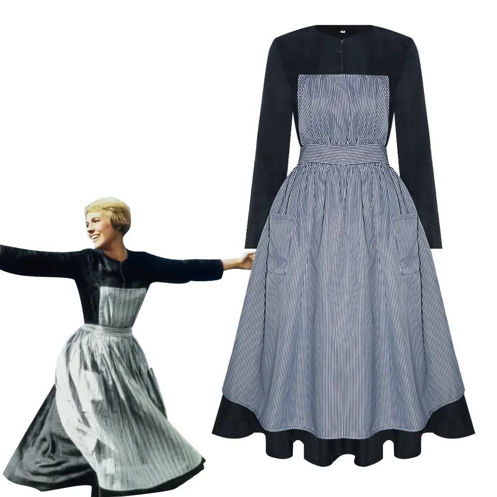 

Cosplay The Sound of Music Maria Costume Black Dress with Apron Opera Performance Adult Women's Dress Halloween Costume