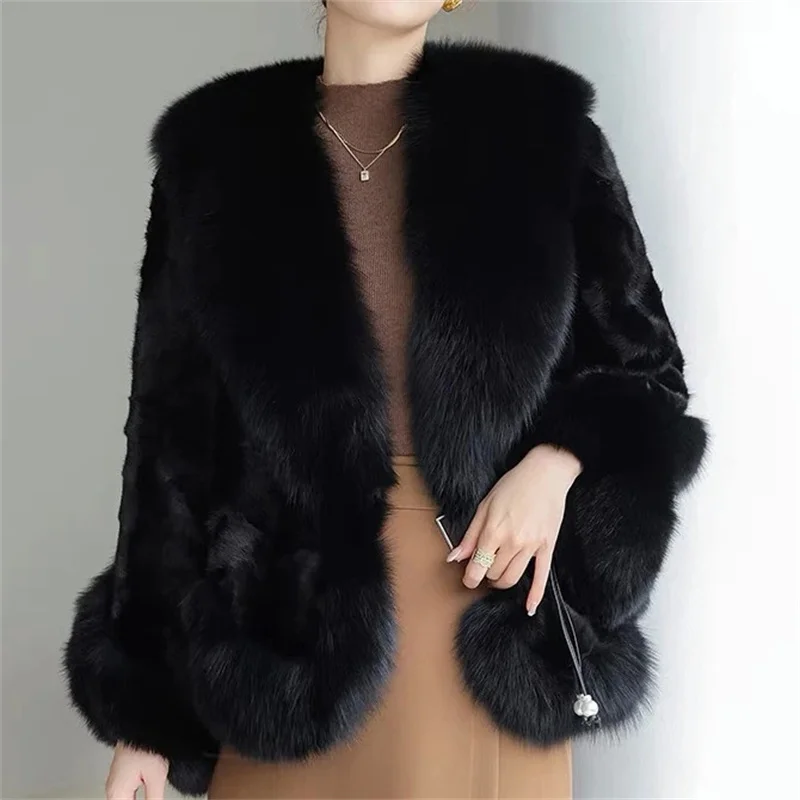 High-End Nachahmung Nerz Pelzmantel Frauen Herbst Winter Fuchs Pelz Farbe Verdicken Warme Pelz Jacke Edle Damen Schwarz Mantel