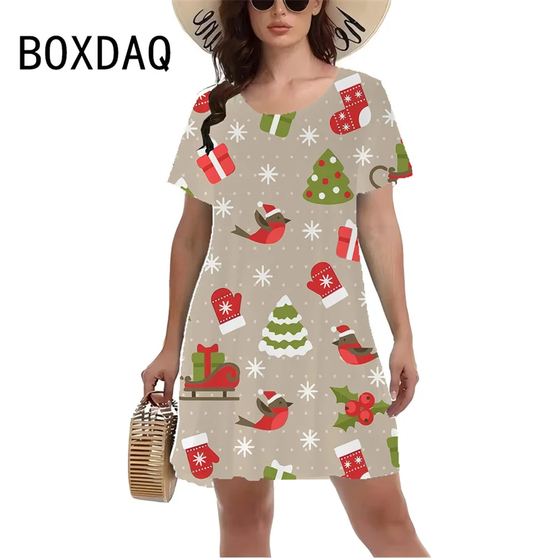 Women Christmas Party Dress 3D Fun Christmas Element Printed Dress Big Size Short Sleeve O-neck Casual Loose Mini Dress Vestidos