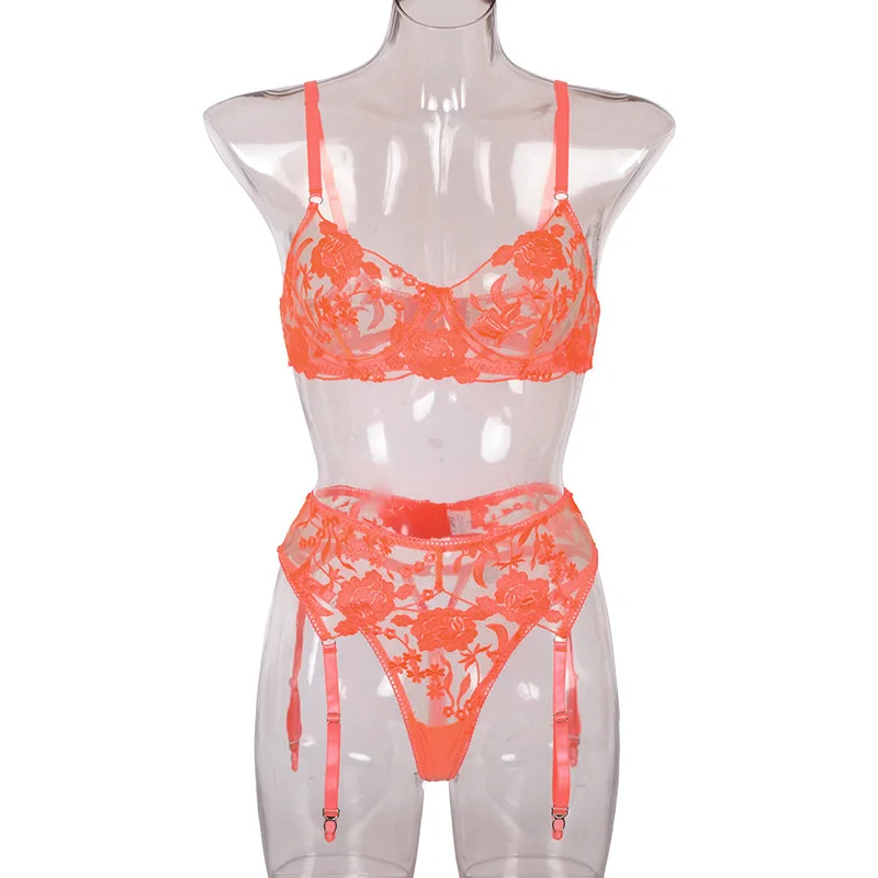 Ensemble de Soutien-Gorge et Culotte pour Femme, en Dentelle, Sous-Vêtements Transparents, Bonnet Ouvert, Transparent, Broderie Florale, 3 Pièces
