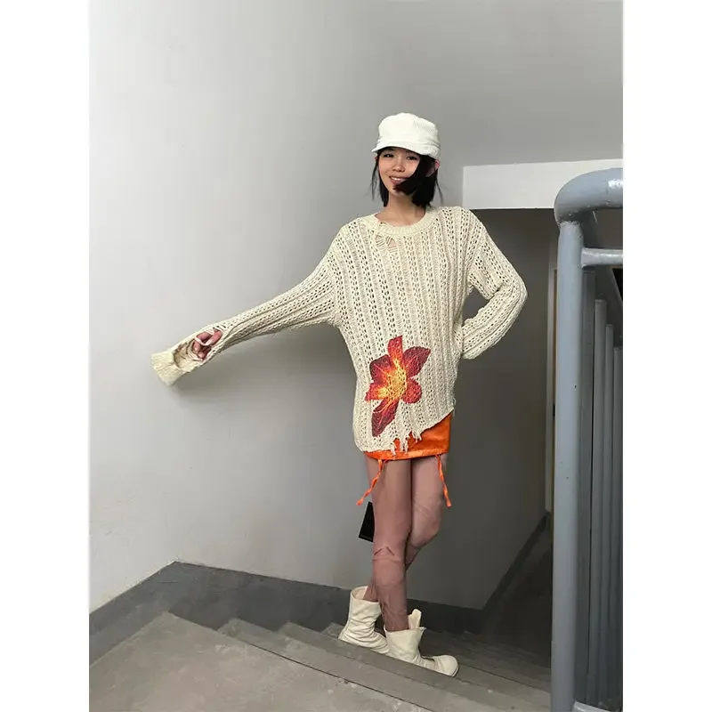 Wasteland Wind Hole Flower Print Lazy Wind Sweater Women's Autumn and Winter New Retro Street Fashion Loose Knitted Sweater