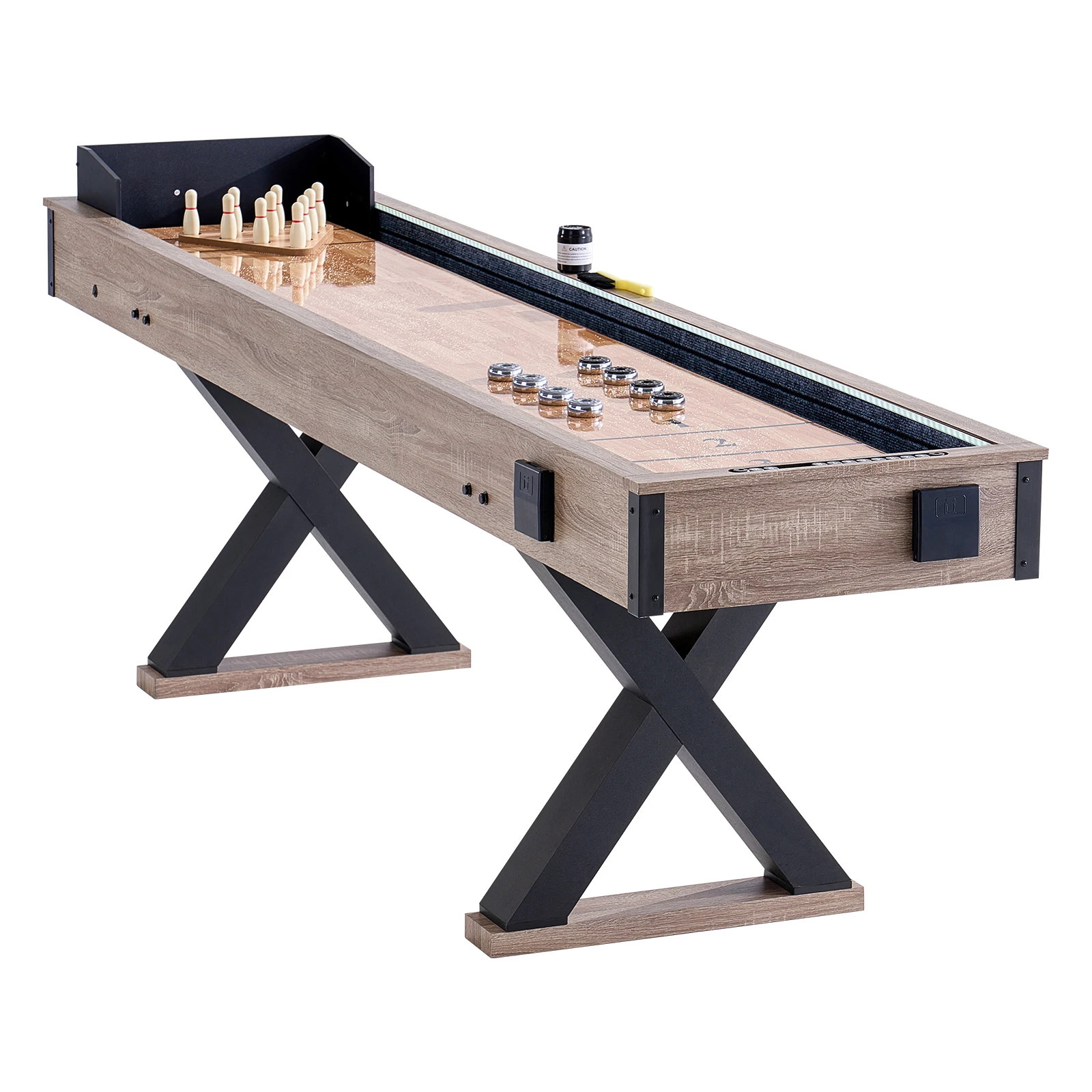 Shuffleboard Table, 9 ft LED Light Up Shuffleboard for Family Game Room, 2 in 1 Shuffleboard and Bowling Combo Game Set, 8 Pucks, Legs, Bowling Set, Wax, Brush, Featuring Scratch-Resistant Playfield