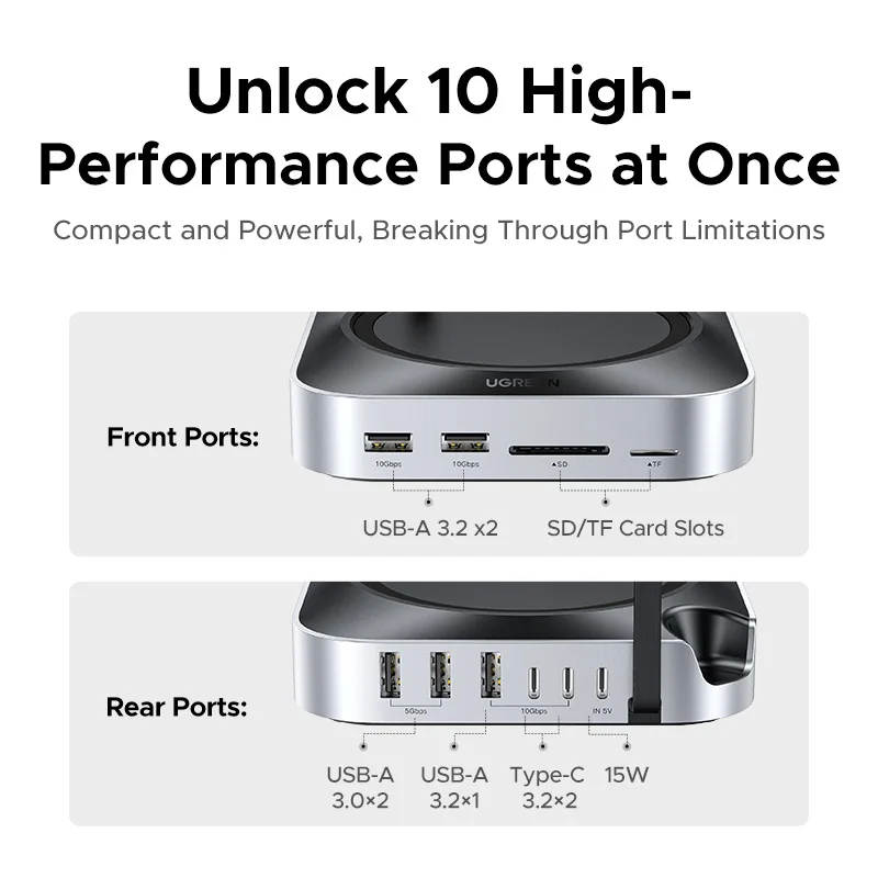 

UGREEN для Mac Mini M4/M4 Pro USB-концентратор Док-станция M.2 NVMe SSD 8 ТБ Макс. 10 Гбит/с 170 МБ/с USB-разветвитель Док-станция USB-A&C Порты SD&TF