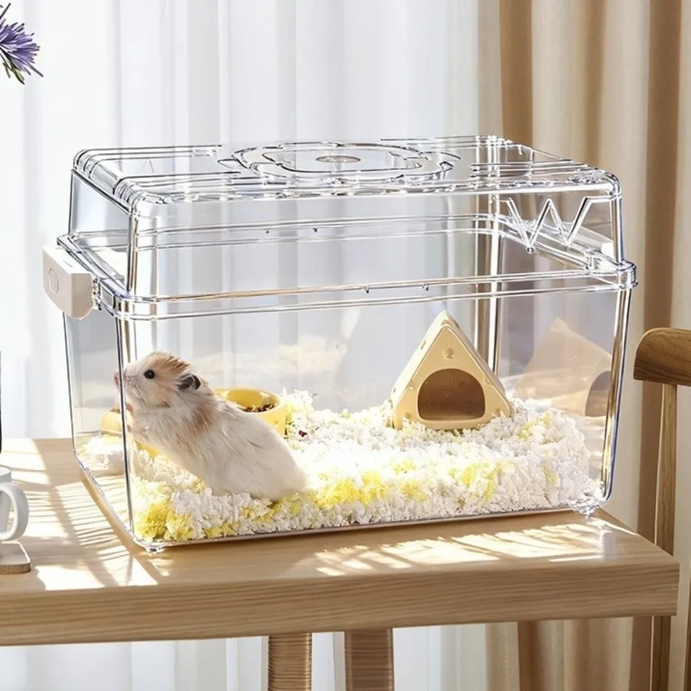 

Домик для домашних животных, прозрачная клетка для хомяка, ручная пряжка, дизайн среды обитания хомяка, прочная вентиляция, вилла морской свинки, играющая