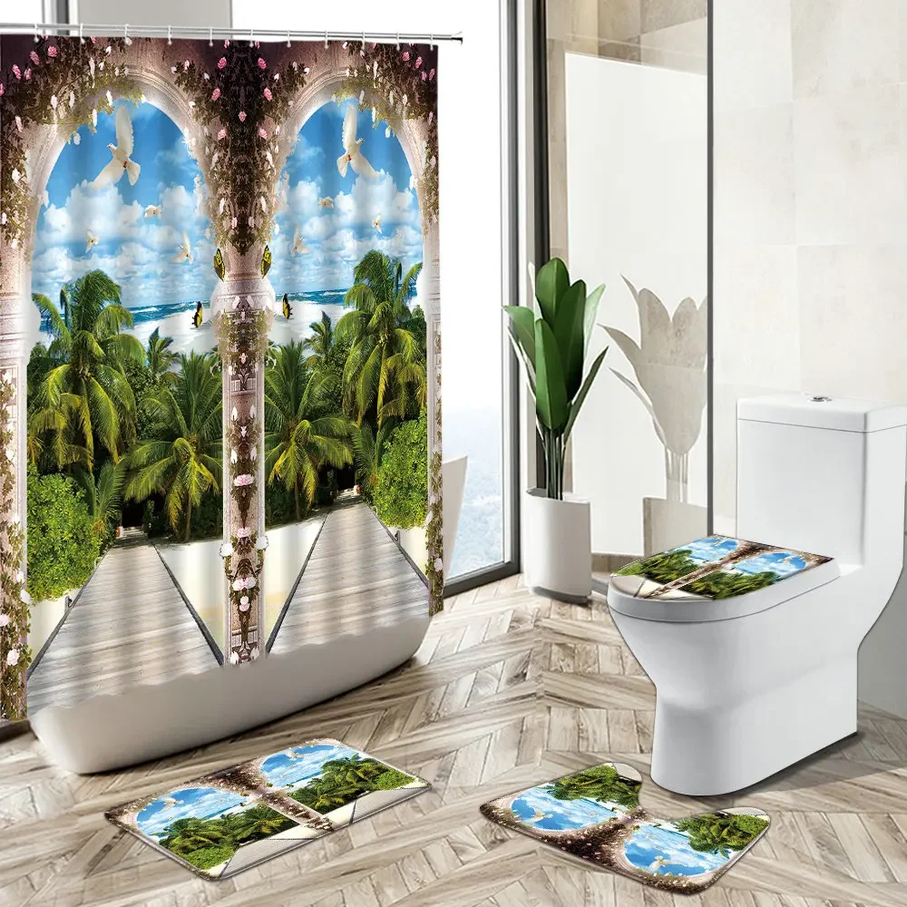 Ocean Window View Shower Curtain Flower Green Plant Tree Forest Waterfall Natural Scenery Non-Slip Rug Toilet Cover Bathroom Set