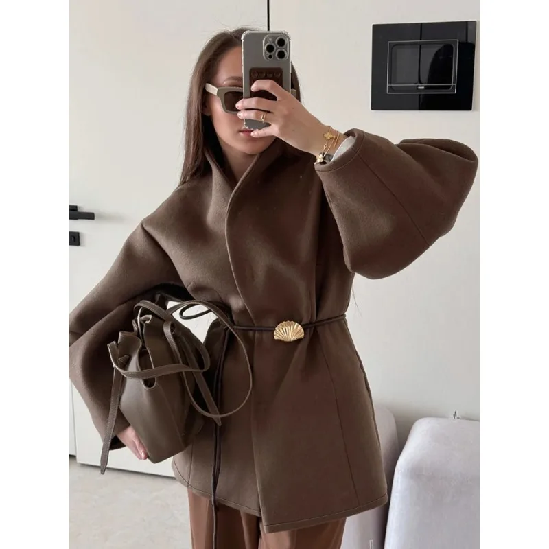 Giacca da strada da donna quotidiana per pendolarismo autunnale Cappotto di lana solido da donna chic Elegante cravatta in vita a maniche lunghe Abito ampio alla moda