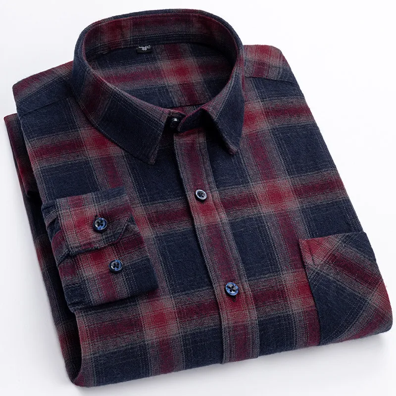 High Quality 100% Cotton Shirts For Men Long Sleeve Brushed Plaid Soft Slim Fit Multicolor Trip Stylish Retro Checked Blouse 6XL