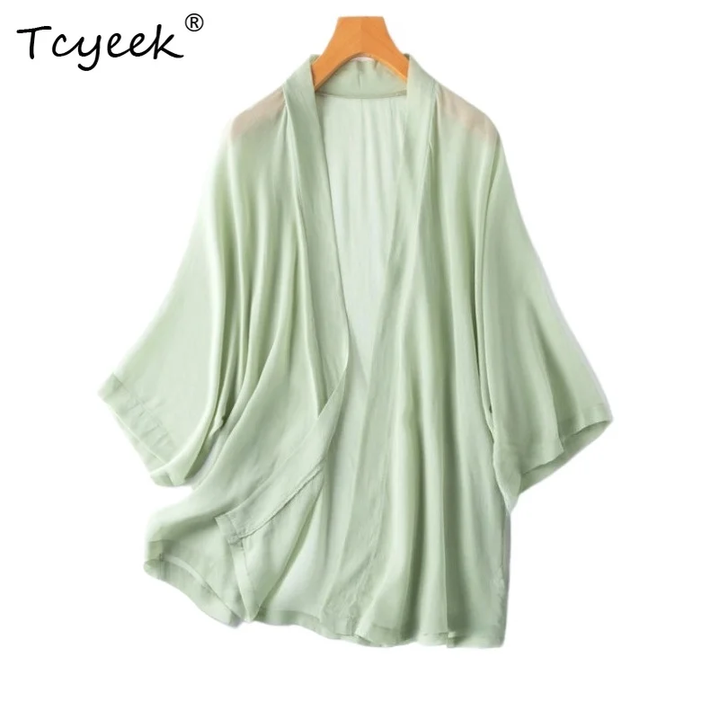 Tcyeek 100% Real Mulberry Silk Woman Tops 2026 Summer Chinese-style Batwing Sleeve Sun Protection Shawl Woman Clothes Ropa Mujer