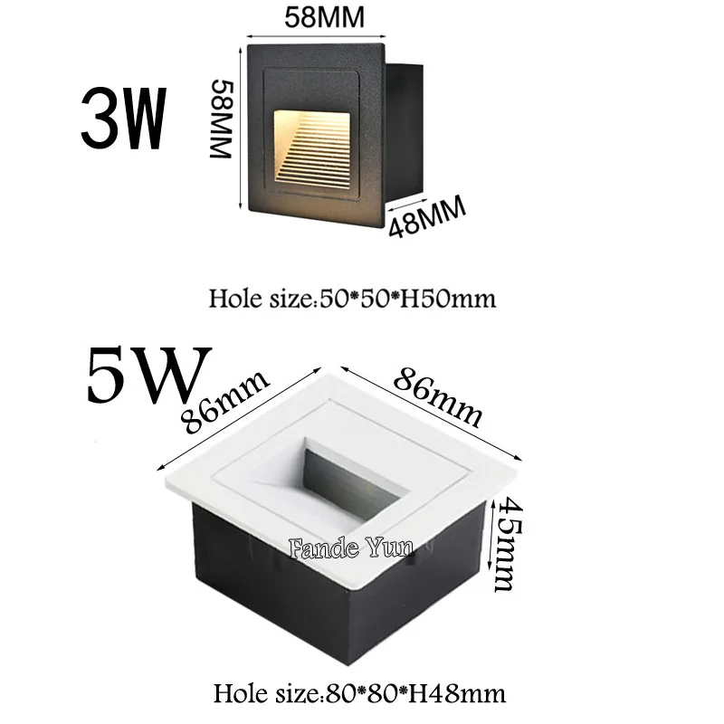58MM/86MM LED Wall Lamp 3W 5W Aluminum Stair Light Recessed LED Step Lamp Pathway Wall Corner Lamps AC110V 220V Wall Light DC12