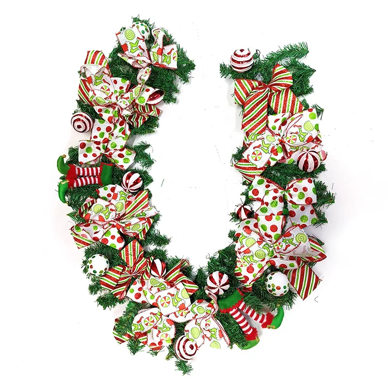 

Christmas wreath rattan decoration red and white bow candy pvc European and American window door hanging venue layout