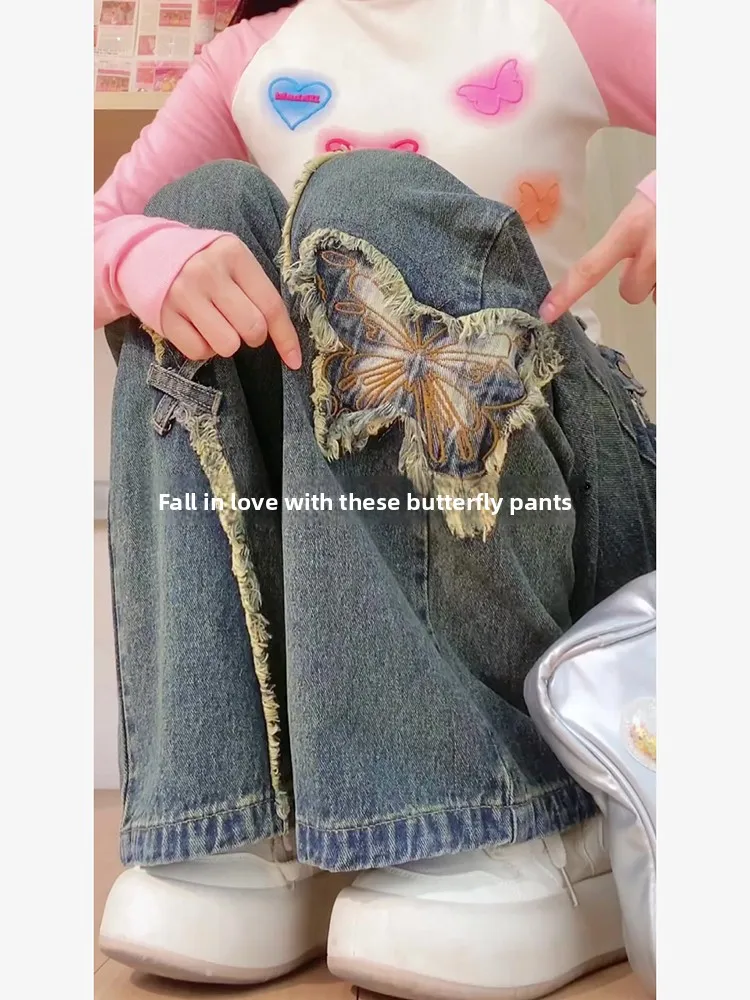 Hochgeschnittene Jeans mit Seitenreißverschluss und Stickerei für Damen, Frühling-Herbst Bodenlange Weite Hose im Amerikanischen High-Street-Stil