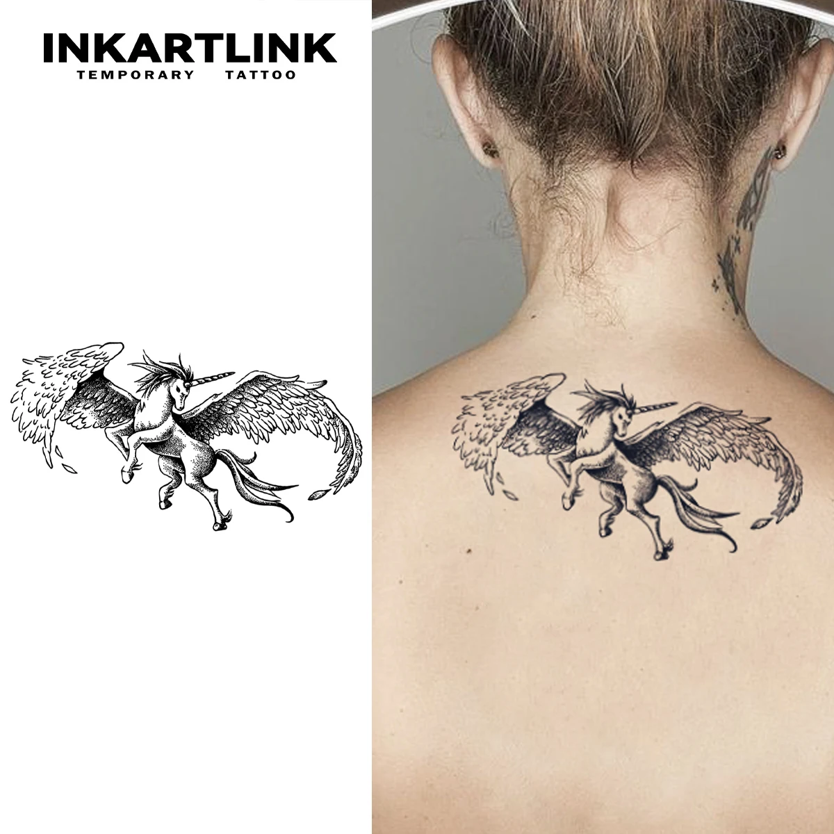 

INKARTLINK Flying Horse Unicorn Tattoo Patch 1-2 Weeks Long lasting Wings Unicorn Totem Waterproof Temporary Tattoo