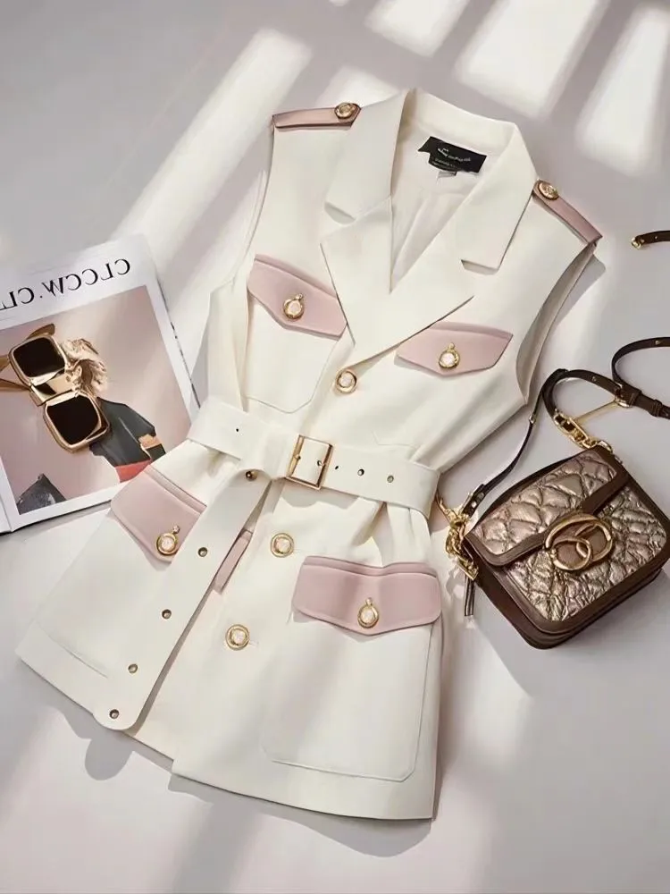

Patchwork Waistcoat White Blazers Vest Women Jacket Sleeveless Autumn Winter Elegant Office Lady Fashion Outerwear 2025