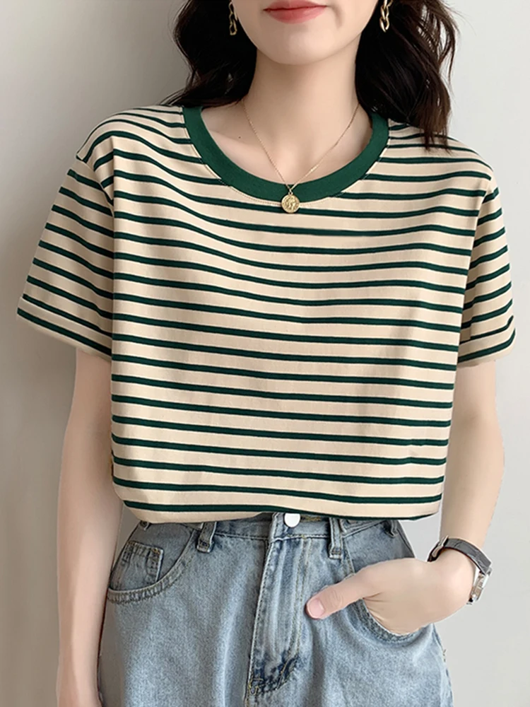 Summer Women Striped Tshirt Tops 2024 Long Sleeve O-Neck T-Shirts Fashion Korean Casual Cotton Loose Tees Femme Top