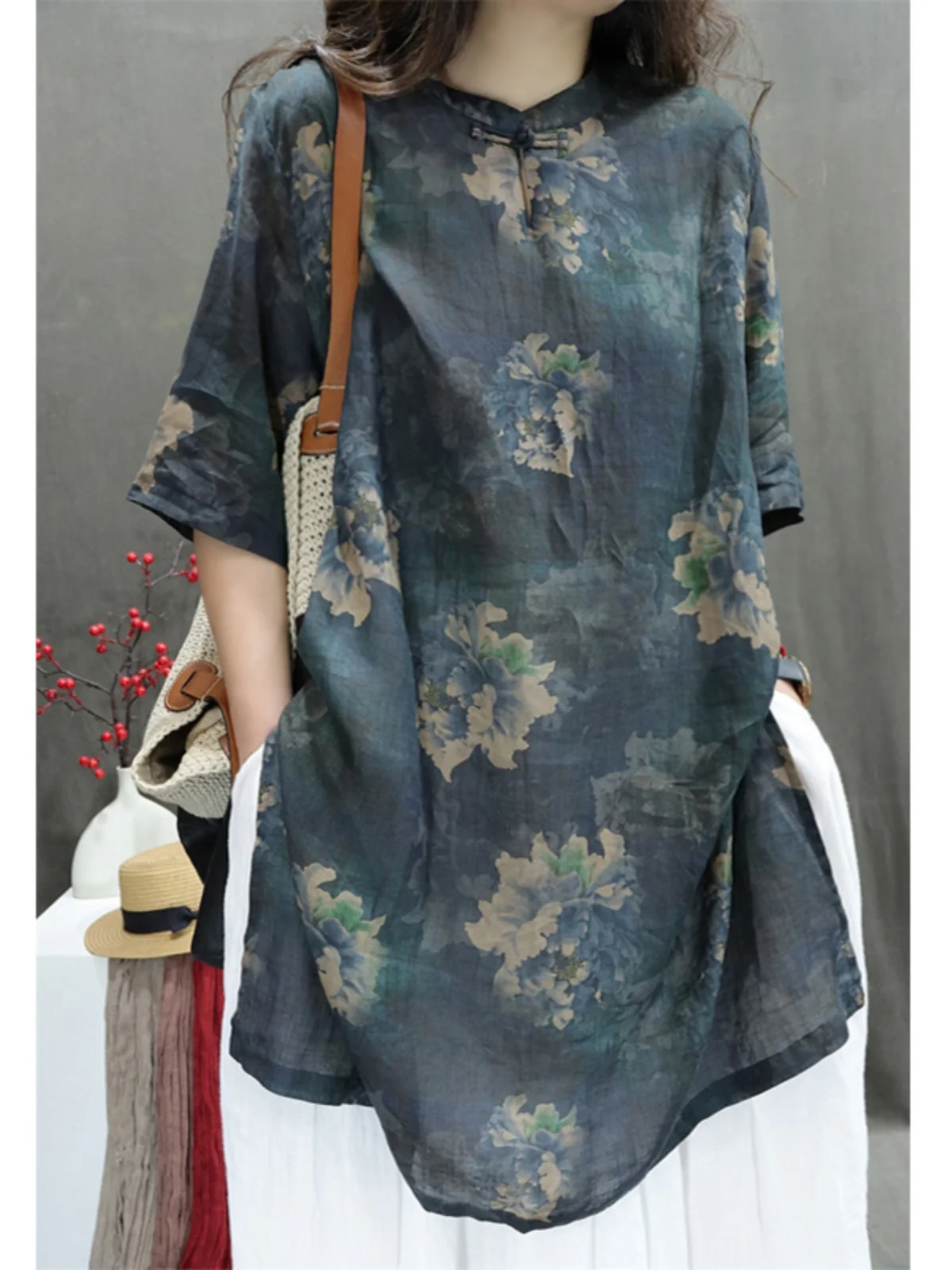 

Cotton Linen Women's irt Dr Vintage Print Stand Collar Loose Fit Midi Length Commute Sle Five Sve Ladies' Blouse