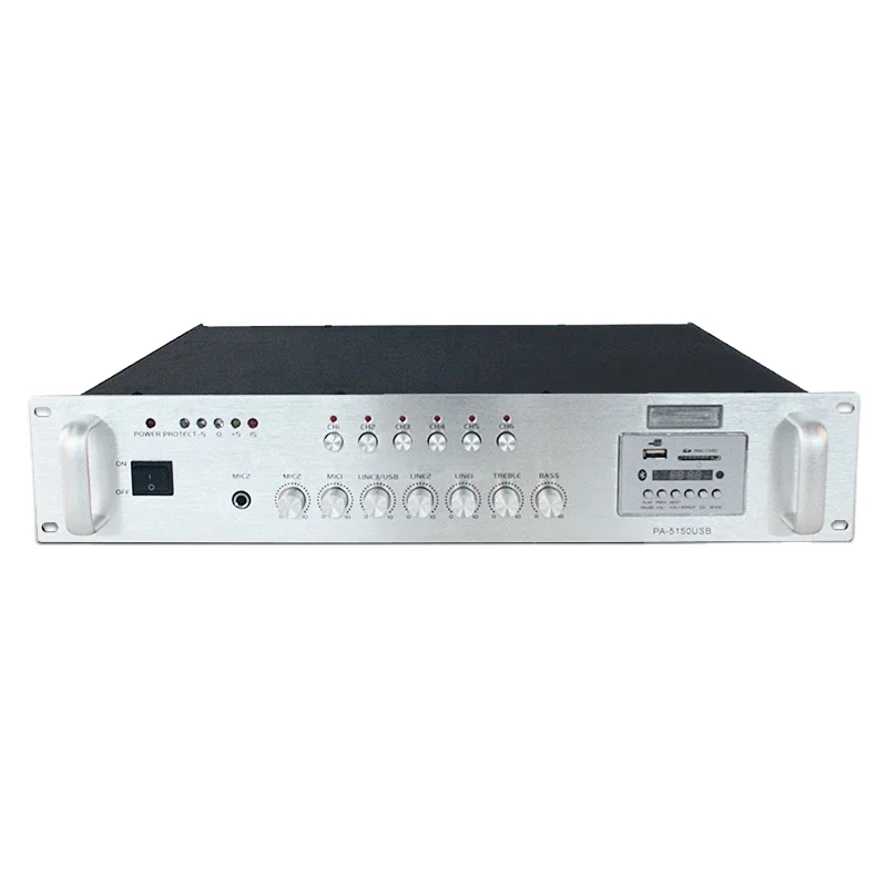 Professional 6-Zone 80W 6-Channel PA System Mini Audio Amplifier 2U Silver with Music Features and Antenna Style Professional