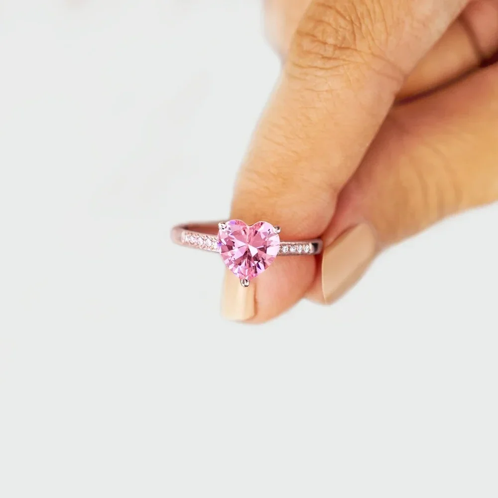 Trumium 925 Sterling Silver Luxury Solitaire Women Heart Engagement Rings Pink Cubic Zirconia Proposal Rings For Girlfriend Gift