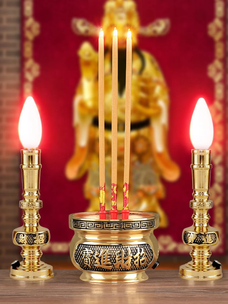 Electric Candle and Electronic Censer Lamp Pure Copper Household Joss Sticks Led Candlestick Bodhisattva Buddha Worship