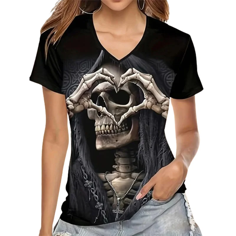 Chic Skull Black T-shirt Women\'s  V Neck Short Sleeve Summer Casual Print T-shirt Pullover