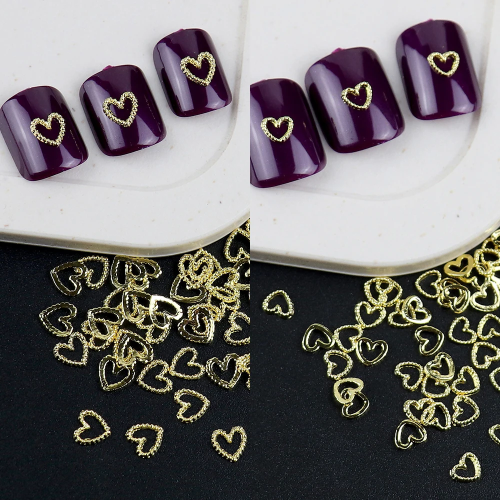 

60 Pcs Heart Pattern Nail Charms Gold Alloy Metal Nail Studs Manicure 3D Nail Art Decoration Accessories