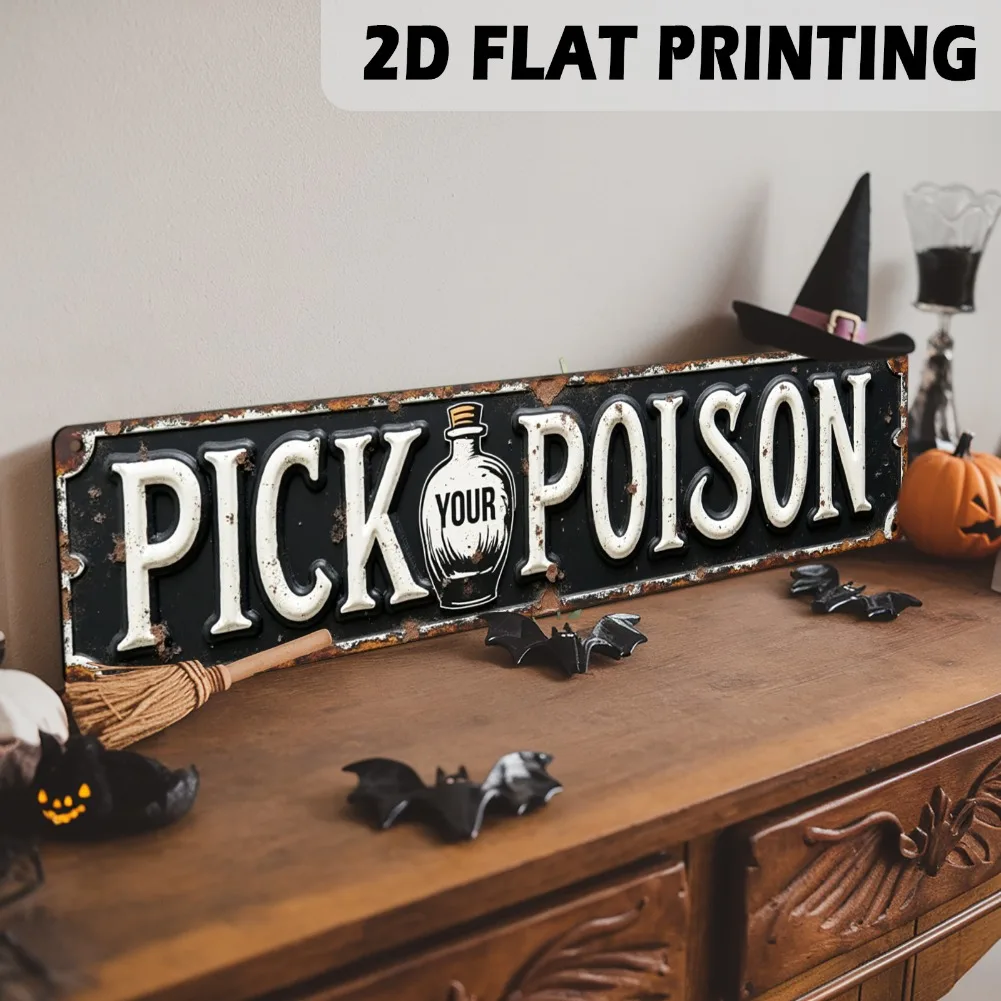 2D-Flach, Vintage-Halloween-Metallschild - 'Pick Your Potion' mit Giftflaschen-Design, 3,9x15,7 Zoll, Rustikale Wanddekoration