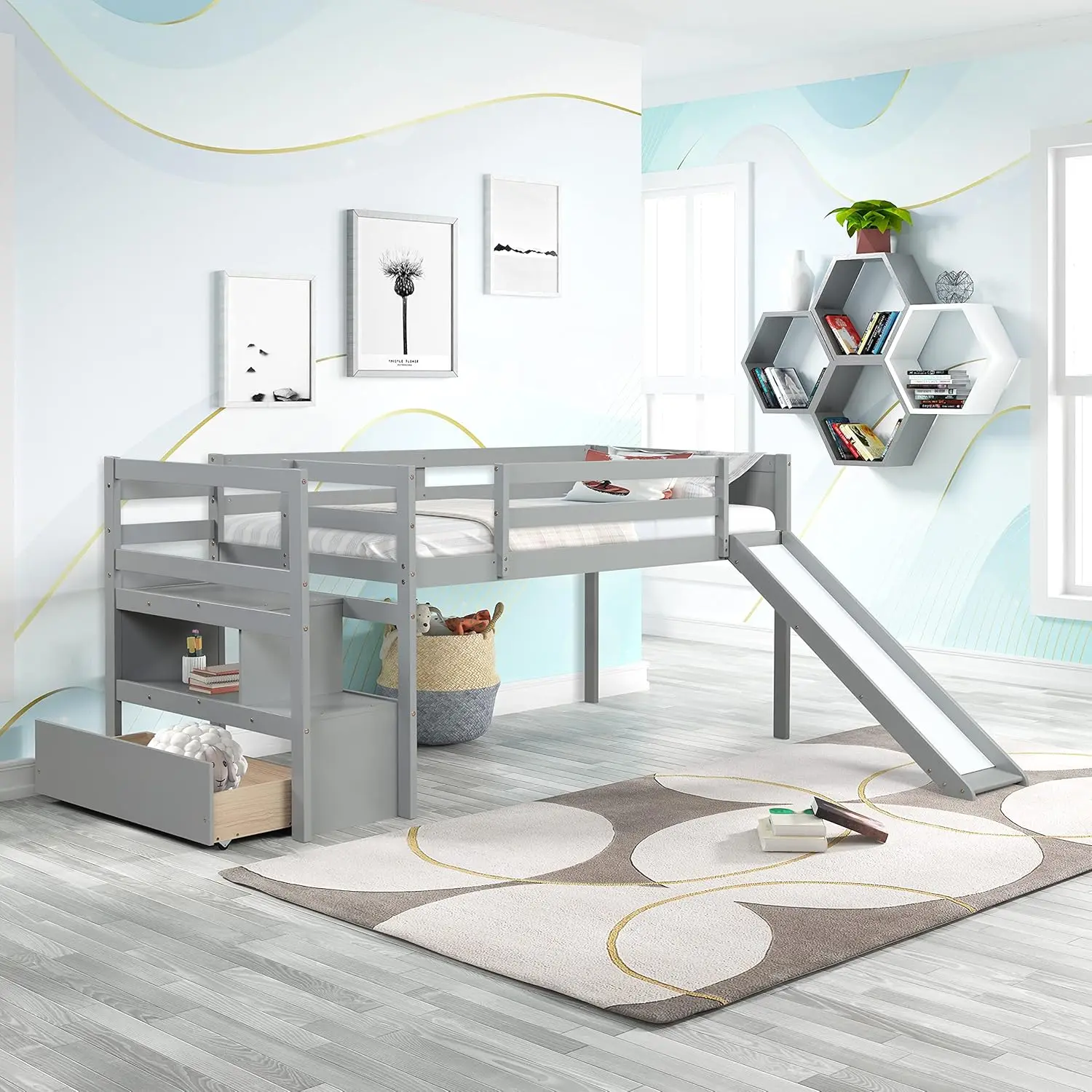 Bellemave letto a soppalco basso di dimensioni doppie con scale e scivolo, letto a soppalco basso per bambini, letto a soppalco basso in legno con scala portaoggetti e