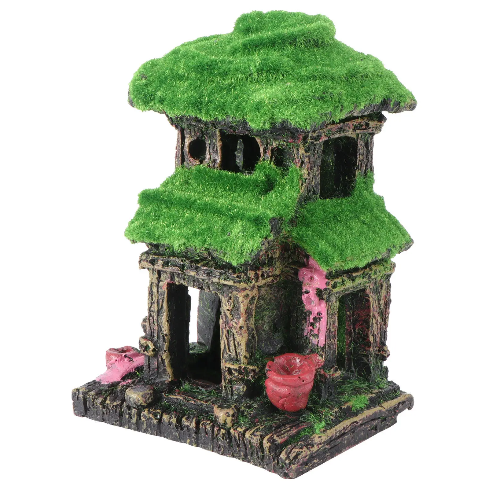 

Fish Tank Decoration Resin Double Ancient Style Moss Pavilion House Aquarium Habitat Artificial House for Aquariums Fish Tank