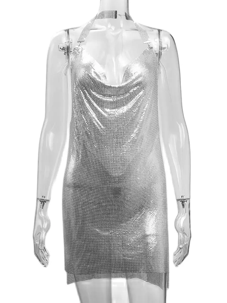 FestivalQueen-Mini robe fendue dos nu coupe basse pour femme, métal brillant fait à la main, patchwork à paillettes, manches évidées sexy