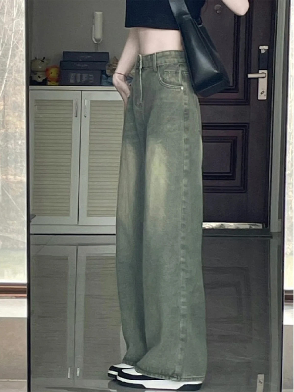 

American Sle Retro Military een Denim Jeans High Waist Straight Leg Wide Leg Pants for plus Size Women Spring Autumn