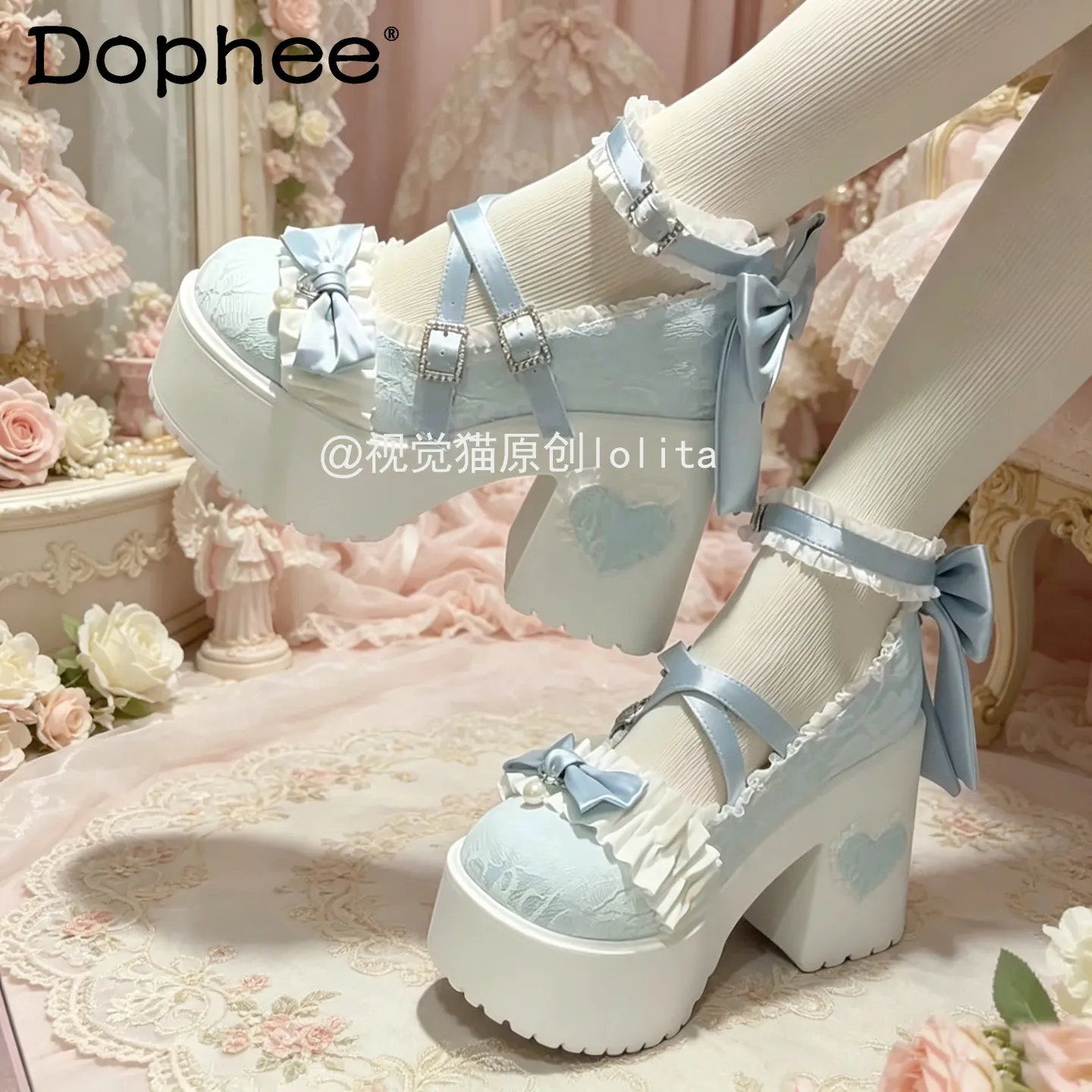 

Japanese Girl's Lolita Blue Mary Jane Shoes Spring and Summer New Woman's Sweet Elegant Satin Lo High Heel Princess Lolita Pumps