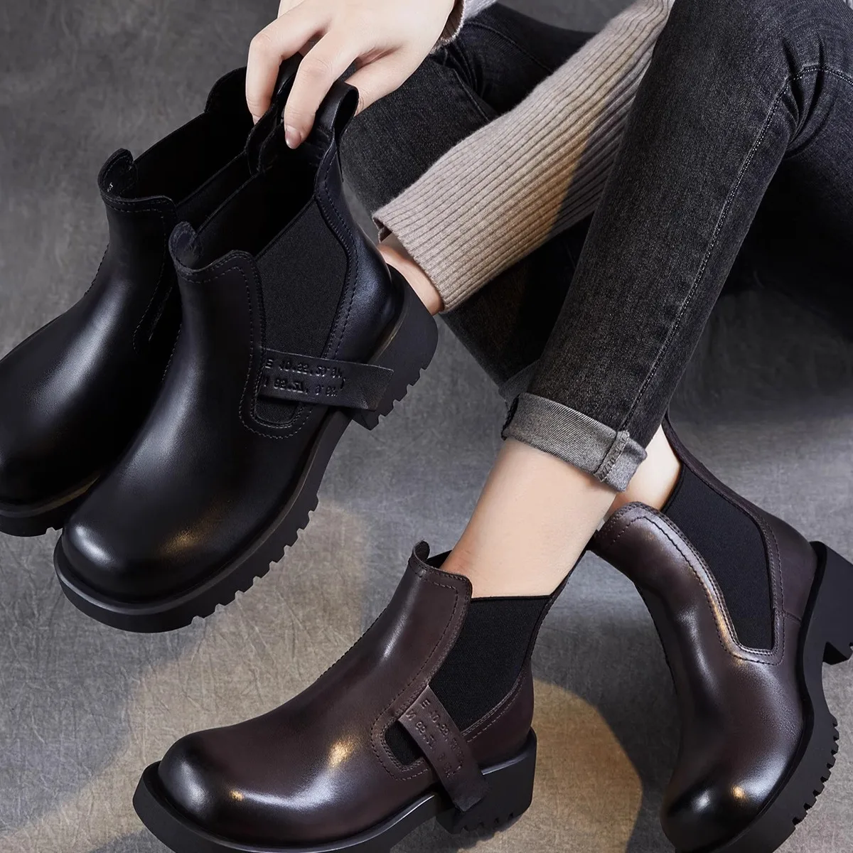 

Black Leather Boots Women's Chelsea Boots Elastic Mouth Single Boots Fall New Style Thickened Rubber Outsole round Toe