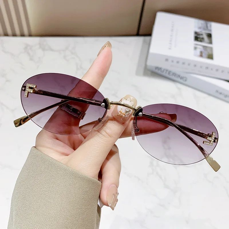 Elegant Diamond Oval Sunglasses Male Letter "F" Rimless Sunglasses Female image 4
